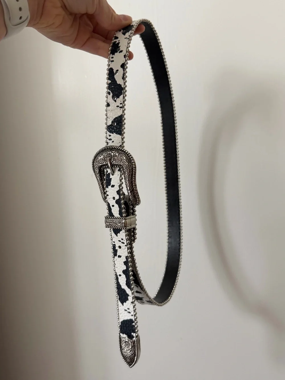 Western-Style Black and White Cow Print Belt with Silver Buckle